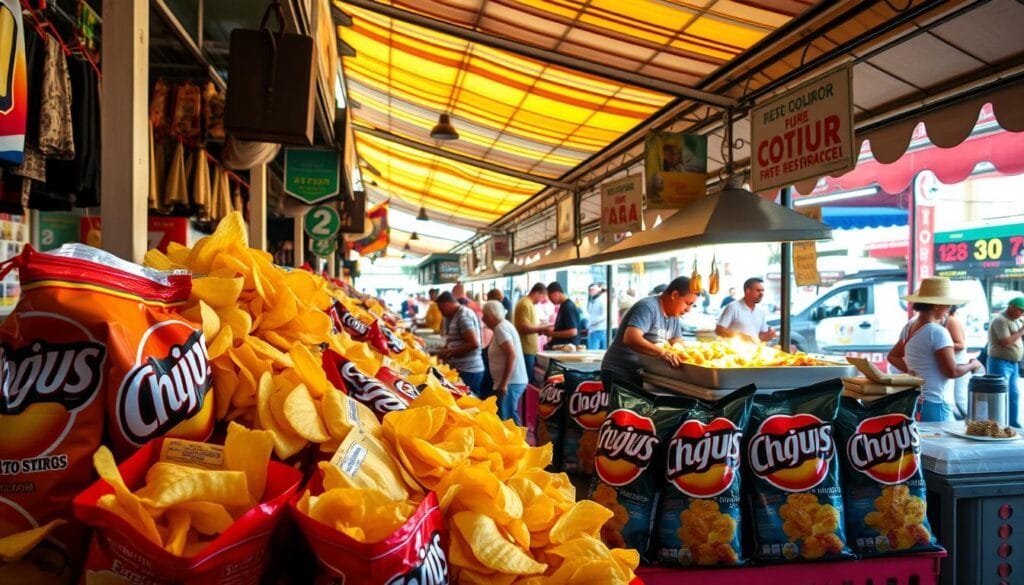 A vibrant open-air mercado in a lively Latin American town, sunlight filtering through the awnings and illuminating the colorful array of snack foods. In the foreground, a well-stocked display of crisp golden potato chips in a variety of flavors, their bags adorned with bold graphics. In the middle ground, vendors tending to sizzling street food stalls, the scent of freshly fried delicacies wafting through the air. The background showcases the bustling marketplace, with people browsing the stalls and negotiating prices. The scene conveys a sense of community, culture, and the enduring appeal of this simple, beloved snack. A vibrant open-air mercado in a lively Latin American town, sunlight filtering through the awnings and illuminating the colorful array of snack foods. In the foreground, a well-stocked display of crisp golden potato chips in a variety of flavors, their bags adorned with bold graphics. In the middle ground, vendors tending to sizzling street food stalls, the scent of freshly fried delicacies wafting through the air. The background showcases the bustling marketplace, with people browsing the stalls and negotiating prices. The scene conveys a sense of community, culture, and the enduring appeal of this simple, beloved snack.
