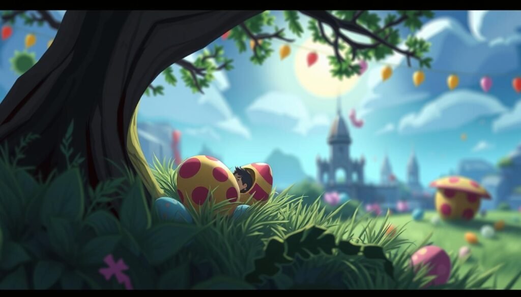 A vibrant, playful illustration of an "Easter egg" hidden in a film or video game. The foreground features a cleverly concealed visual detail, such as a subtle reference, cameo, or in-joke, nestled within the scene. The middle ground showcases the larger context, hinting at the story or setting, while the background conveys a sense of immersion and atmosphere, with cinematic lighting and camera angles that draw the viewer's eye. The overall composition is whimsical and engaging, inviting the audience to explore and discover the hidden treasure within. A vibrant, playful illustration of an "Easter egg" hidden in a film or video game. The foreground features a cleverly concealed visual detail, such as a subtle reference, cameo, or in-joke, nestled within the scene. The middle ground showcases the larger context, hinting at the story or setting, while the background conveys a sense of immersion and atmosphere, with cinematic lighting and camera angles that draw the viewer's eye. The overall composition is whimsical and engaging, inviting the audience to explore and discover the hidden treasure within.