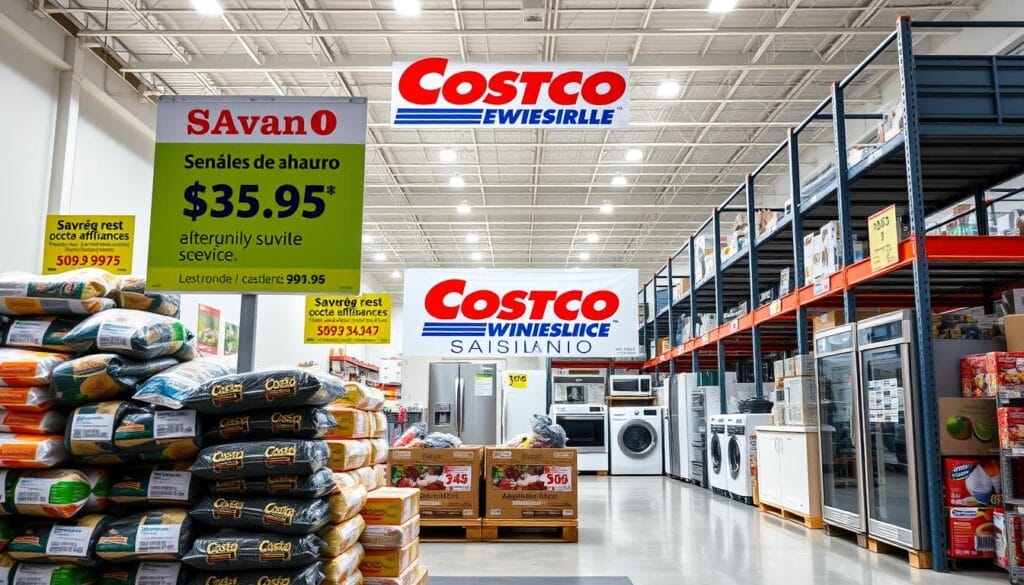 A vibrant retail display showcasing various "señales de ahorro" (savings signals) within a modern, minimalist Costco storefront setting. The foreground features neatly stacked bulk goods, price tags, and branded signage highlighting discounted prices and member-exclusive offers. The middle ground showcases an array of energy-efficient appliances, electronics, and household items, all prominently displaying their low, member-friendly prices. The background depicts the clean, airy atmosphere of the Costco warehouse, with tall ceilings, abundant natural lighting, and sleek, utilitarian shelving units. The overall scene conveys a sense of value, efficiency, and the retailer's commitment to providing its customers with substantial savings. A vibrant retail display showcasing various "señales de ahorro" (savings signals) within a modern, minimalist Costco storefront setting. The foreground features neatly stacked bulk goods, price tags, and branded signage highlighting discounted prices and member-exclusive offers. The middle ground showcases an array of energy-efficient appliances, electronics, and household items, all prominently displaying their low, member-friendly prices. The background depicts the clean, airy atmosphere of the Costco warehouse, with tall ceilings, abundant natural lighting, and sleek, utilitarian shelving units. The overall scene conveys a sense of value, efficiency, and the retailer's commitment to providing its customers with substantial savings.