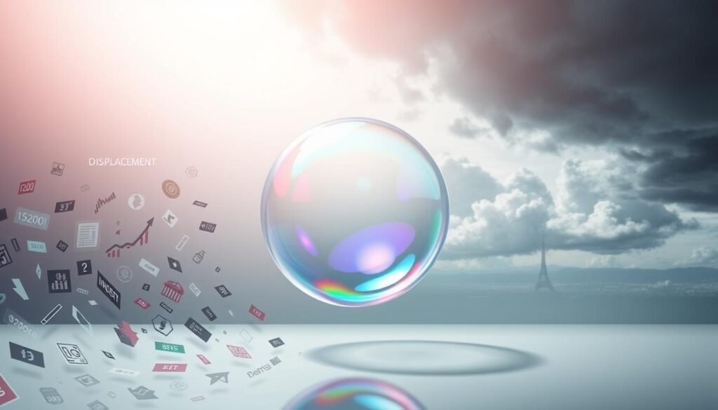 A vibrant visualization of Minsky's phases of a financial bubble, set against a sleek, minimalist backdrop. In the foreground, a dynamic, swirling vortex of stock tickers, currency symbols, and other financial indicators, capturing the initial "displacement" phase of heightened speculation and optimism. The middle ground reveals a steadily inflating, translucent bubble, its surface shimmering with an array of colors, symbolizing the "boom" phase as prices soar. In the distant background, ominous storm clouds gather, foreshadowing the impending "crisis" and "panic" phases, where the bubble inevitably bursts, sending the financial landscape into disarray. Illuminated by a soft, ethereal light, the scene conveys a sense of both allure and foreboding, mirroring the cyclical nature of financial bubbles.