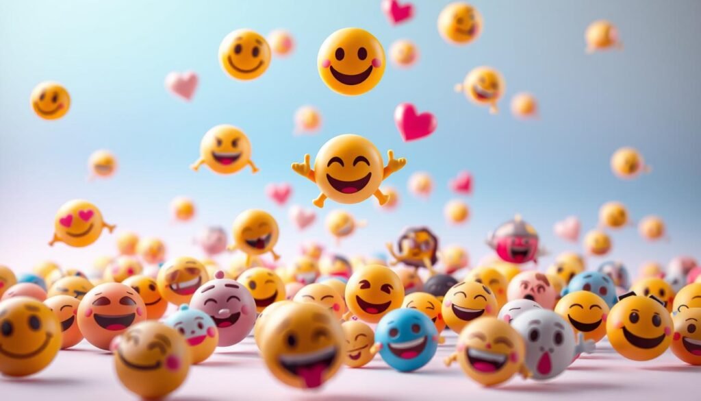A vibrant, visually striking collection of emojis floating in a serene, pastel-hued environment. The emojis are rendered in a highly detailed, three-dimensional style, with expressive facial features and a sense of depth and dimension. The foreground features a diverse array of emojis, including the classic smiley face, heart, and thumbs-up, as well as more modern and culturally significant emojis. The middle ground showcases emojis in various poses and interactions, conveying a sense of communication and connection. The background is a soft, blurred gradient of calming colors, creating a dreamlike and contemplative atmosphere. The overall composition and lighting evoke a sense of joy, whimsy, and the rich history and cultural significance of emojis as a universal language of expression. A vibrant, visually striking collection of emojis floating in a serene, pastel-hued environment. The emojis are rendered in a highly detailed, three-dimensional style, with expressive facial features and a sense of depth and dimension. The foreground features a diverse array of emojis, including the classic smiley face, heart, and thumbs-up, as well as more modern and culturally significant emojis. The middle ground showcases emojis in various poses and interactions, conveying a sense of communication and connection. The background is a soft, blurred gradient of calming colors, creating a dreamlike and contemplative atmosphere. The overall composition and lighting evoke a sense of joy, whimsy, and the rich history and cultural significance of emojis as a universal language of expression.