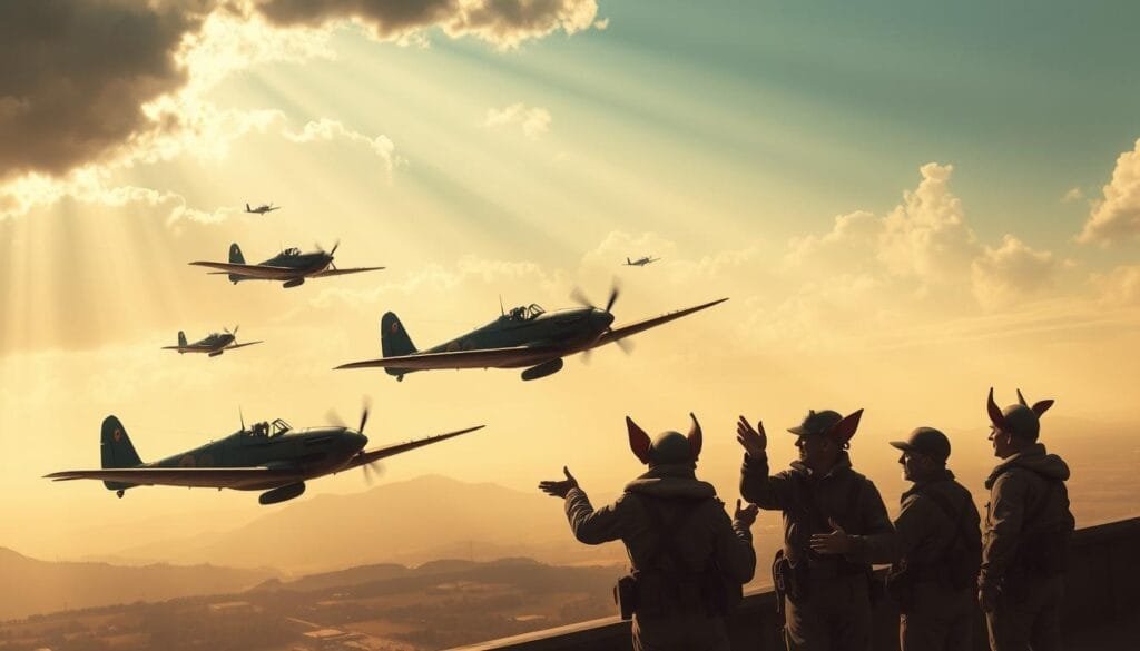 A vintage-style illustration depicting the origins of the "Gremlins" - mischievous creatures from the folklore of World War II pilots who were blamed for sabotaging aircraft. In the foreground, a squadron of WWII fighter planes soar through a cloudy sky, with faint silhouettes of small, gnome-like creatures lurking around the wings and engines. In the middle ground, a group of pilots in period-accurate uniforms and gear gesticulate animatedly, recounting stories of the Gremlins' antics. The background features a hazy, sepia-toned landscape of airfields, hangars, and distant mountains. The lighting is dramatic, with shafts of sunlight breaking through the clouds and casting long shadows. The overall mood is one of nostalgic wonder, capturing the origins of this enduring aviation legend. A vintage-style illustration depicting the origins of the "Gremlins" - mischievous creatures from the folklore of World War II pilots who were blamed for sabotaging aircraft. In the foreground, a squadron of WWII fighter planes soar through a cloudy sky, with faint silhouettes of small, gnome-like creatures lurking around the wings and engines. In the middle ground, a group of pilots in period-accurate uniforms and gear gesticulate animatedly, recounting stories of the Gremlins' antics. The background features a hazy, sepia-toned landscape of airfields, hangars, and distant mountains. The lighting is dramatic, with shafts of sunlight breaking through the clouds and casting long shadows. The overall mood is one of nostalgic wonder, capturing the origins of this enduring aviation legend.