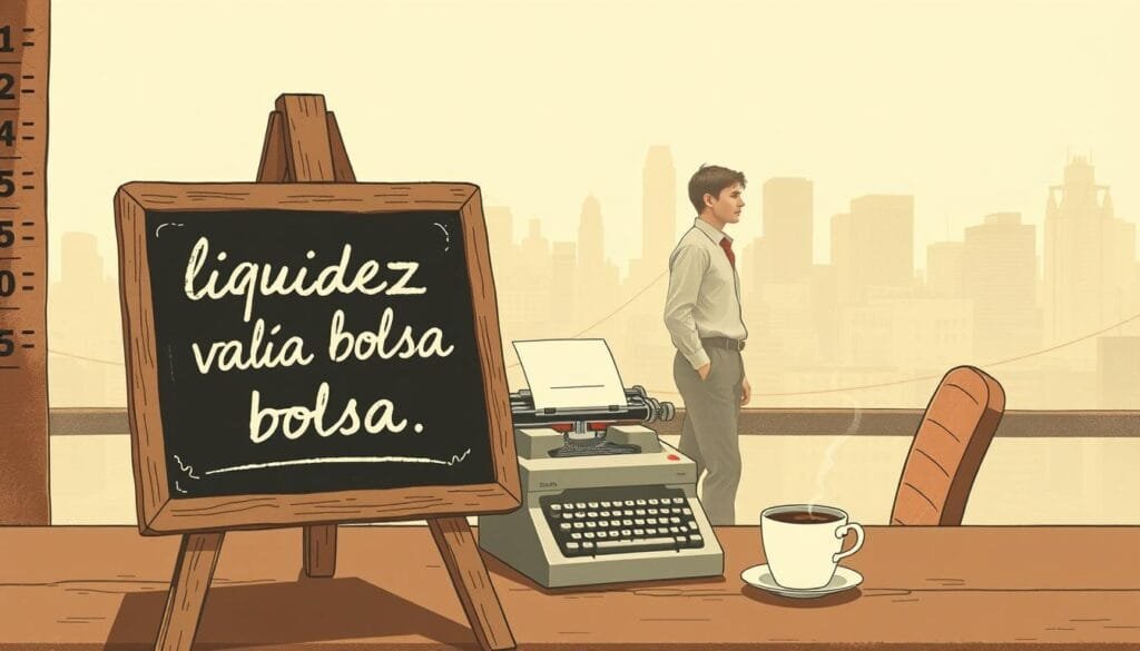 A vintage-styled illustration depicting the historical context of the early Apple days, before the return of Steve Jobs. In the foreground, a weathered chalkboard showing the text "liquidez valía bolsa" in cursive script, representing the undervaluation of the company. The middle ground features a retro-inspired desk with a typewriter, a stock ticker, and a cup of coffee, evoking the financial landscape of the era. The background showcases a hazy, sepia-toned cityscape, with the silhouette of a young Steve Wozniak and Steve Jobs, alluding to the pivotal moments that would shape Apple's future. The overall atmosphere is one of nostalgia, uncertainty, and the seeds of a technological revolution.