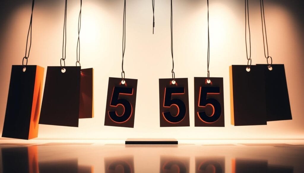 A visually striking product display featuring various price tags in a minimalist, high-contrast aesthetic. The foreground showcases several oversized price digits in a bold, modern typeface, prominently positioned and highlighted by warm, directional lighting that casts dramatic shadows. The middle ground features a clean, uncluttered background, perhaps a plain white or light gray surface, allowing the price elements to take center stage. The overall composition conveys a sense of simplicity, focus, and psychological impact, reflecting the psychological principles behind pricing strategies discussed in the article.