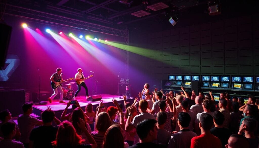 A vivid, dynamic music video scene set in the 1980s. In the foreground, a lively band performs on a raised stage, their instruments and expressive movements captivating the audience. Multicolored stage lights bathe the scene in an energetic glow, casting dramatic shadows. In the middle ground, a crowd of enthusiastic fans dance and sway to the pulsing beat, their youthful exuberance palpable. The background features a sleek, high-tech video control room, with rows of monitors and technical equipment, reflecting the innovative spirit of the era. The overall atmosphere conveys the transformative impact of music videos on popular culture, ushering in a new era of visual storytelling and artistic expression.