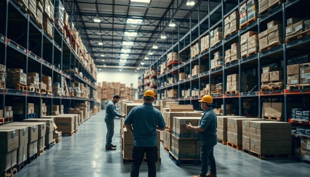 A warehouse interior with neatly stacked pallets and shelves. In the foreground, a team of workers carefully unloading boxes, their movements coordinated and efficient. Soft, diffused lighting illuminates the scene, creating a sense of order and control. In the middle ground, a sophisticated logistics management system displays real-time data, helping the team optimize supply chain operations. The background features a well-organized storage area, with items clearly labeled and easily accessible. The overall atmosphere conveys a harmonious, streamlined approach to inventory management, where the "bullwhip effect" has been minimized through strategic planning and execution.