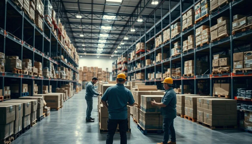 A warehouse interior with neatly stacked pallets and shelves. In the foreground, a team of workers carefully unloading boxes, their movements coordinated and efficient. Soft, diffused lighting illuminates the scene, creating a sense of order and control. In the middle ground, a sophisticated logistics management system displays real-time data, helping the team optimize supply chain operations. The background features a well-organized storage area, with items clearly labeled and easily accessible. The overall atmosphere conveys a harmonious, streamlined approach to inventory management, where the "bullwhip effect" has been minimized through strategic planning and execution. A warehouse interior with neatly stacked pallets and shelves. In the foreground, a team of workers carefully unloading boxes, their movements coordinated and efficient. Soft, diffused lighting illuminates the scene, creating a sense of order and control. In the middle ground, a sophisticated logistics management system displays real-time data, helping the team optimize supply chain operations. The background features a well-organized storage area, with items clearly labeled and easily accessible. The overall atmosphere conveys a harmonious, streamlined approach to inventory management, where the "bullwhip effect" has been minimized through strategic planning and execution.