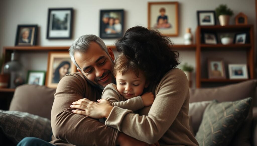 A warm, intimate family portrait in a cozy living room setting. The foreground features a tightly-knit group of three people - a father, mother, and young child - embracing each other with affection. Soft, diffused lighting illuminates their faces, capturing the love and connection between them. In the middle ground, framed family photos and mementos adorn the walls, hinting at a rich shared history. The background is slightly blurred, creating a sense of depth and focus on the central figures. The overall mood is one of comfort, security, and the profound bonds of kinship that define our humanity. A warm, intimate family portrait in a cozy living room setting. The foreground features a tightly-knit group of three people - a father, mother, and young child - embracing each other with affection. Soft, diffused lighting illuminates their faces, capturing the love and connection between them. In the middle ground, framed family photos and mementos adorn the walls, hinting at a rich shared history. The background is slightly blurred, creating a sense of depth and focus on the central figures. The overall mood is one of comfort, security, and the profound bonds of kinship that define our humanity.