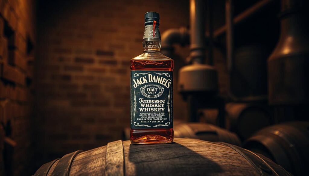 A weathered, aged bottle of Jack Daniel's Old No. 7 Tennessee Whiskey, standing atop a wooden barrel in a dimly lit, historic distillery. The bottle's label is worn and discolored, hinting at its century-old heritage. Soft, warm lighting casts gentle shadows, conveying a sense of timeless tradition and craftsmanship. The distillery's rough-hewn walls and the barrel's worn, textured surface create a sense of authenticity and the passage of time. The overall atmosphere is one of reverence for this iconic American spirit, steeped in the legacy of its unique charcoal filtration process. A weathered, aged bottle of Jack Daniel's Old No. 7 Tennessee Whiskey, standing atop a wooden barrel in a dimly lit, historic distillery. The bottle's label is worn and discolored, hinting at its century-old heritage. Soft, warm lighting casts gentle shadows, conveying a sense of timeless tradition and craftsmanship. The distillery's rough-hewn walls and the barrel's worn, textured surface create a sense of authenticity and the passage of time. The overall atmosphere is one of reverence for this iconic American spirit, steeped in the legacy of its unique charcoal filtration process.