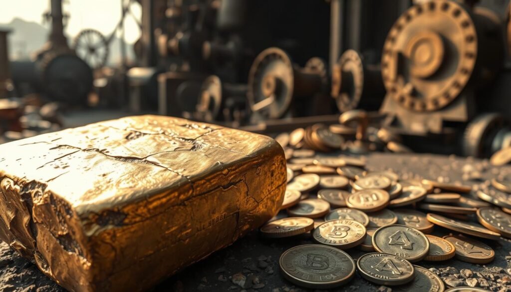 A weathered, ancient metal surface, covered in intricate patterns and textures. In the foreground, a shiny, golden ingot reflects the warm, natural lighting, casting a soft glow across the scene. The middle ground features a pile of various metallic coins, their surfaces marked by time and use. In the background, a shadowy, industrial landscape of gears, cogs, and smelting equipment conveys the history and evolution of mankind's relationship with metal. The overall atmosphere is one of weight, value, and the steady progression from the primal to the modern.