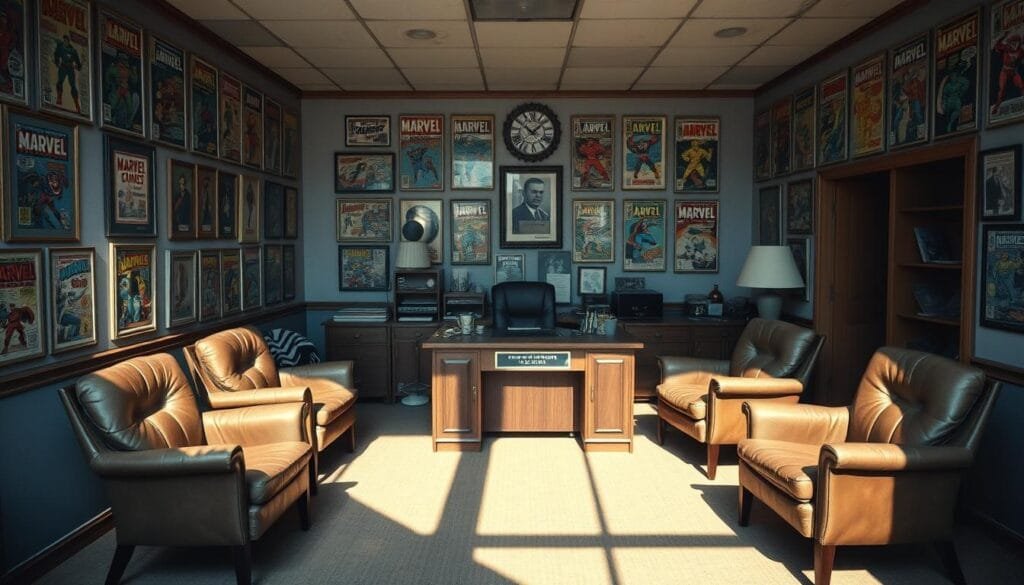 A weathered office in the 1960s, the walls lined with framed comic book covers from the Marvel Comics archives. In the center, a large oak desk with a nameplate that reads "Martin Goodman, Timely Publications". Worn leather chairs and a mid-century modern aesthetic evoke the era. Soft, directional lighting casts dramatic shadows, emphasizing the vintage aesthetic. The scene conveys the humble origins of the Marvel brand, before it would grow into the entertainment juggernaut we know today. A weathered office in the 1960s, the walls lined with framed comic book covers from the Marvel Comics archives. In the center, a large oak desk with a nameplate that reads "Martin Goodman, Timely Publications". Worn leather chairs and a mid-century modern aesthetic evoke the era. Soft, directional lighting casts dramatic shadows, emphasizing the vintage aesthetic. The scene conveys the humble origins of the Marvel brand, before it would grow into the entertainment juggernaut we know today.