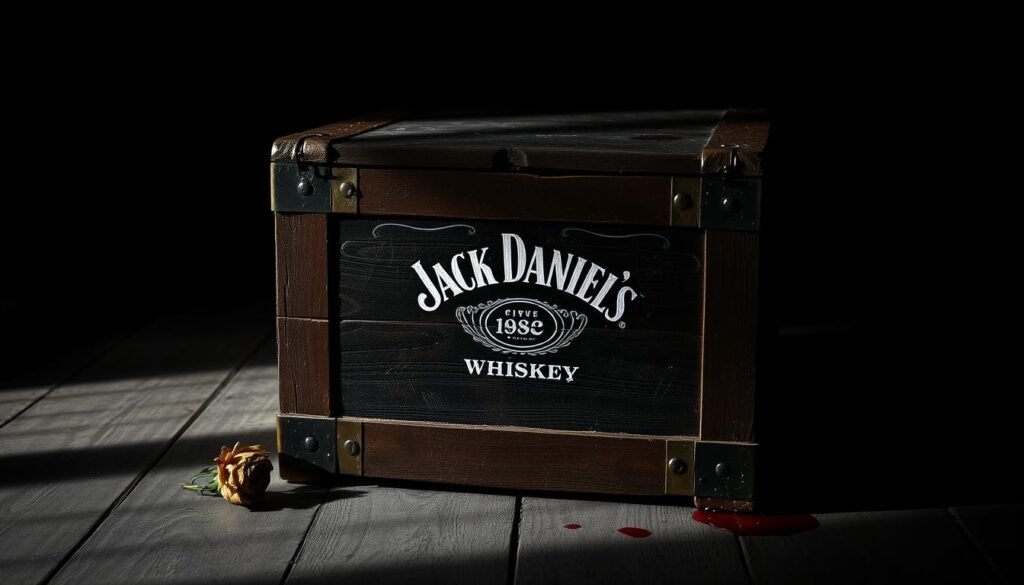 A weathered wooden caja fuerte, the iconic Jack Daniel's logo emblazoned on its surface, stands solemnly in a dimly lit, somber room. The box's worn edges and tarnished brass fittings convey a sense of mystery and tragedy, hinting at the secrets it may hold. Soft, dramatic lighting casts deep shadows, creating an air of intrigue and melancholy. The caja fuerte is the central focus, commanding attention and inviting the viewer to imagine the story behind its existence. Subtle details, such as a single, wilted flower or a faint bloodstain, suggest a tragic narrative waiting to be uncovered. The overall composition evokes a sense of the bittersweet and the inexplicable, perfectly capturing the essence of the "Un giro trágico: la caja fuerte, la lesión y el final de Mr. Jack" section.