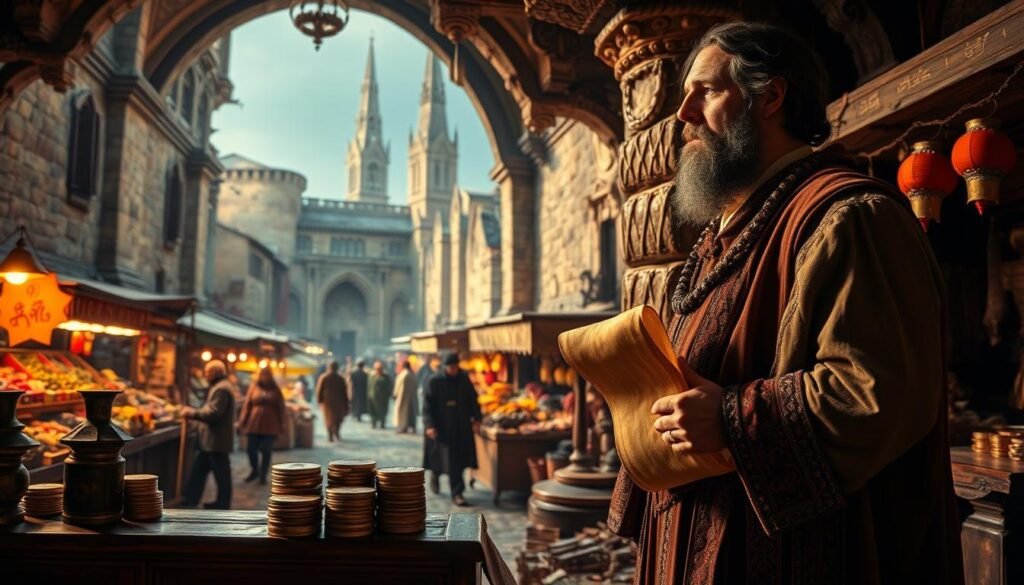 A well-dressed Marco Polo stands in a dimly lit medieval marketplace, holding a parchment scroll and gazing into the distance. The foreground features an ornate wooden counter, with stacks of coins and a merchant's ledger visible. In the middle ground, bustling vendors sell exotic wares - silks, spices, and trinkets from the Silk Road. The background is a tapestry of stone buildings and cobblestone streets, with a glimpse of a towering cathedral spire. The scene is bathed in warm, golden light, conveying a sense of history, trade, and the transition from physical currency to a new era of commerce.