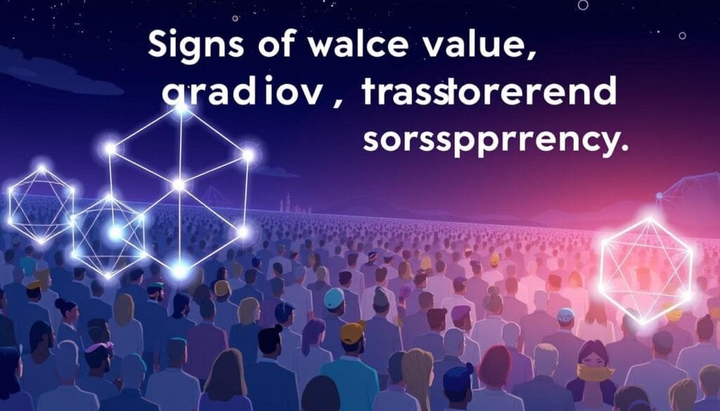 A well-lit, high-quality digital illustration depicting the concept of "signs of value, adoption, and transparency" within the context of cryptocurrency and blockchain technology. The foreground should feature a series of transparent, glowing geometric shapes, symbolizing the key attributes of a solid crypto project. The middle ground showcases a crowd of diverse, stylized people, representing the adoption and community of the project. The background should depict a cityscape or futuristic landscape, conveying a sense of progress and technological advancement. The overall mood should be one of clarity, trust, and optimism, reflecting the values of a trustworthy cryptocurrency endeavor.