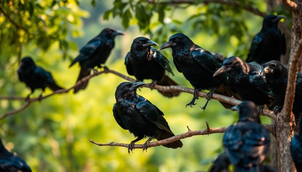 A whimsical flock of crows, their sleek black feathers glistening in the soft, warm lighting. The birds perch playfully on tree branches, their beady eyes sparkling with a hint of mischief. In the middle ground, a group of three crows engages in a lively, animated exchange, their heads tilted and wings fluttering as if sharing a humorous anecdote. The background features a lush, verdant forest, creating a serene and natural setting that complements the lighthearted mood. The overall composition conveys a sense of camaraderie and scientific curiosity, inviting the viewer to ponder the nuances of avian humor and intelligence.