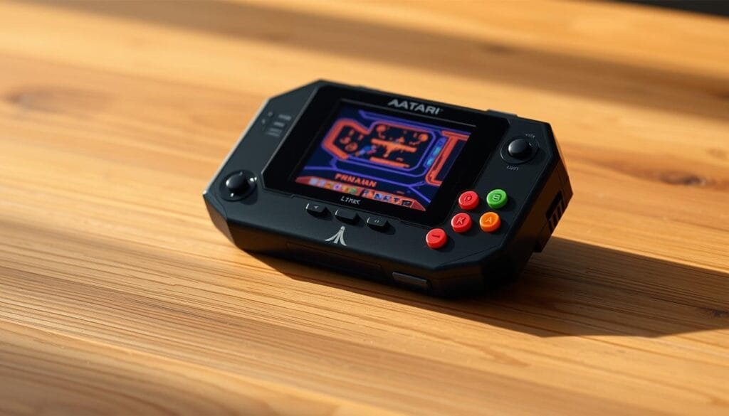 An Atari Lynx handheld gaming console rests on a wooden surface, its distinctive angular form and colorful buttons capturing the essence of the '90s era of gaming. Soft, warm lighting illuminates the device, casting gentle shadows that accentuate its sleek design. The Lynx's screen is turned on, displaying a captivating retro gaming scene that hints at the immersive experiences it once offered. The background is slightly blurred, emphasizing the Lynx as the focal point, a testament to Atari's attempts to regain their foothold in the rapidly evolving video game industry. An Atari Lynx handheld gaming console rests on a wooden surface, its distinctive angular form and colorful buttons capturing the essence of the '90s era of gaming. Soft, warm lighting illuminates the device, casting gentle shadows that accentuate its sleek design. The Lynx's screen is turned on, displaying a captivating retro gaming scene that hints at the immersive experiences it once offered. The background is slightly blurred, emphasizing the Lynx as the focal point, a testament to Atari's attempts to regain their foothold in the rapidly evolving video game industry.