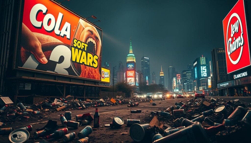 An aggressive billboard advertisement dominates the frame, casting a harsh, dramatic light across a gritty urban landscape. In the foreground, bold, colorful graphics and slogans compete for attention, embodying the cutthroat rivalry between two major soft drink brands. The middle ground is cluttered with discarded cans and bottles, hinting at the wasteful excesses of the "Cola Wars." In the distant background, a neon-lit cityscape pulses with the relentless energy of modern consumerism. The overall atmosphere conveys a sense of sensory overload and moral ambiguity, reflecting the ethical dilemmas of aggressive marketing tactics. An aggressive billboard advertisement dominates the frame, casting a harsh, dramatic light across a gritty urban landscape. In the foreground, bold, colorful graphics and slogans compete for attention, embodying the cutthroat rivalry between two major soft drink brands. The middle ground is cluttered with discarded cans and bottles, hinting at the wasteful excesses of the "Cola Wars." In the distant background, a neon-lit cityscape pulses with the relentless energy of modern consumerism. The overall atmosphere conveys a sense of sensory overload and moral ambiguity, reflecting the ethical dilemmas of aggressive marketing tactics.