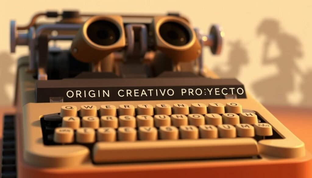 An elegant and whimsical illustration of the creative origin of the name "Wall-E", inspired by the legacy of Walt Disney. In the foreground, a vintage-style typewriter against a soft, pastel-colored background, evoking the nostalgic charm of Pixar's storytelling. The keys spell out "ORIGIN CREATIVO PROYECTO", hinting at the thoughtful process behind the character's name. Soft lighting and a slight depth-of-field blur create a sense of warmth and intimacy. In the background, faint silhouettes of Disney characters hint at the wider creative heritage that influenced the film's development.