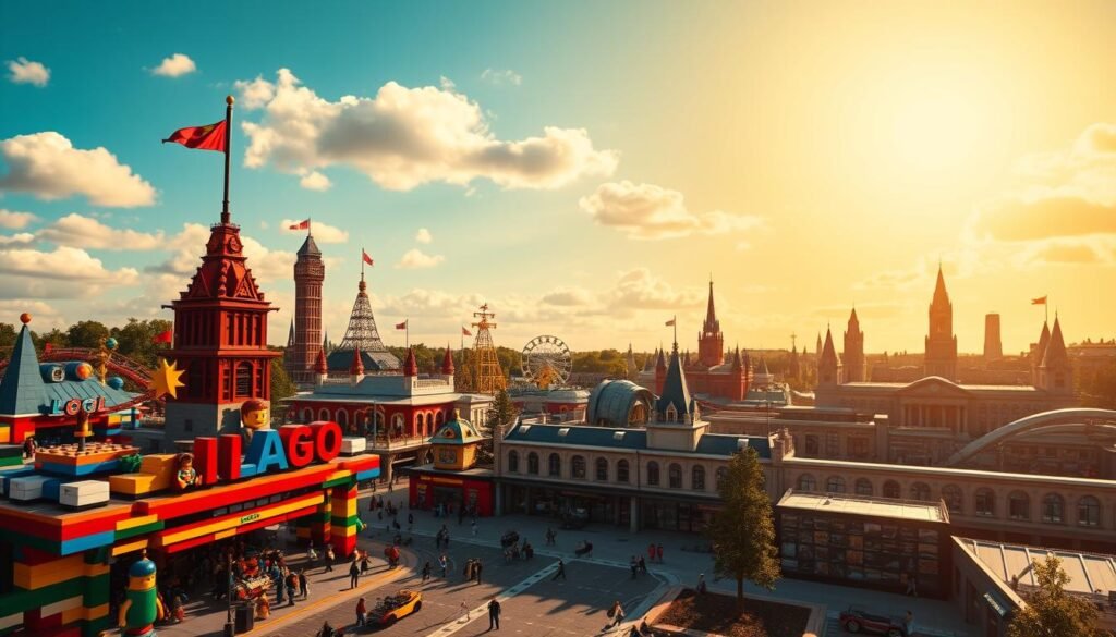 An expansive Legoland theme park set against a vibrant, sun-drenched sky. The foreground features a bustling entrance with colorful Lego sculptures and brick-built structures, capturing the whimsical, playful spirit of the brand. The middle ground showcases a variety of Lego-themed rides and attractions, from towering roller coasters to intricate Lego cityscapes. In the background, meticulously detailed Lego landmarks and landmarks stand tall, creating a sense of immersion and wonder. The scene is illuminated by warm, natural lighting, casting long shadows and highlighting the intricate textures of the Lego bricks. The overall atmosphere evokes a sense of nostalgia, innovation, and the enduring appeal of the iconic toy brand. An expansive Legoland theme park set against a vibrant, sun-drenched sky. The foreground features a bustling entrance with colorful Lego sculptures and brick-built structures, capturing the whimsical, playful spirit of the brand. The middle ground showcases a variety of Lego-themed rides and attractions, from towering roller coasters to intricate Lego cityscapes. In the background, meticulously detailed Lego landmarks and landmarks stand tall, creating a sense of immersion and wonder. The scene is illuminated by warm, natural lighting, casting long shadows and highlighting the intricate textures of the Lego bricks. The overall atmosphere evokes a sense of nostalgia, innovation, and the enduring appeal of the iconic toy brand.