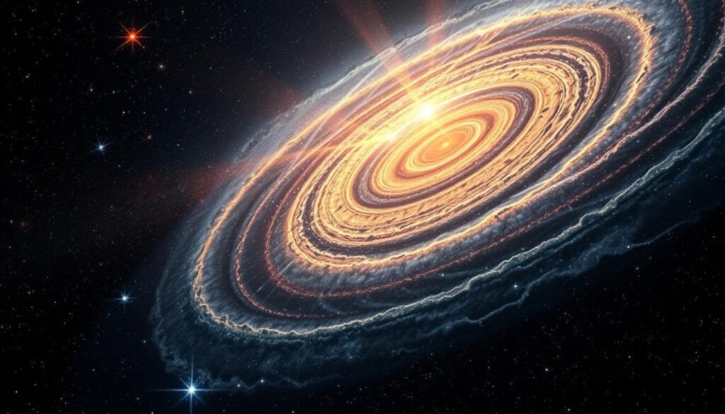 An expansive cosmic backdrop, a tapestry of swirling galaxies and celestial phenomena. Shimmering waves of cosmic microwave radiation, remnants of the Big Bang, cast a soft glow upon the scene. Intricate patterns and fluctuations in the radiation field, captured with precision by advanced telescopes, reveal the underlying structure of the universe. Sweeping arcs of light and shadow, sculpted by the interplay of dark matter and energy, hint at the true shape and curvature of the cosmos. A serene, contemplative atmosphere pervades, inviting the viewer to ponder the fundamental nature of the universe, from the grand scale of galactic clusters to the infinitesimal ripples of the primordial soup.