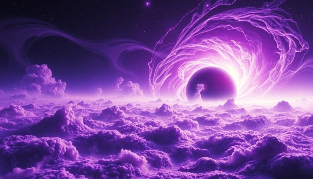 An expansive cosmic landscape bathed in a violet-hued glow, where the fabric of space-time appears to bend and distort. Swirling clouds of antimatter particles collide and annihilate in a mesmerizing display, casting an eerie, ethereal illumination across the scene. In the distance, a supermassive black hole lurks, its gravitational pull warping the surrounding antimatter into intricate, serpentine structures. Streaks of energy and bursts of raw power emanate from the core of this antimatter universe, hinting at the fundamental forces at play. The overall atmosphere evokes a sense of mystery, balance, and the delicate interplay between matter and its elusive counterpart. An expansive cosmic landscape bathed in a violet-hued glow, where the fabric of space-time appears to bend and distort. Swirling clouds of antimatter particles collide and annihilate in a mesmerizing display, casting an eerie, ethereal illumination across the scene. In the distance, a supermassive black hole lurks, its gravitational pull warping the surrounding antimatter into intricate, serpentine structures. Streaks of energy and bursts of raw power emanate from the core of this antimatter universe, hinting at the fundamental forces at play. The overall atmosphere evokes a sense of mystery, balance, and the delicate interplay between matter and its elusive counterpart.