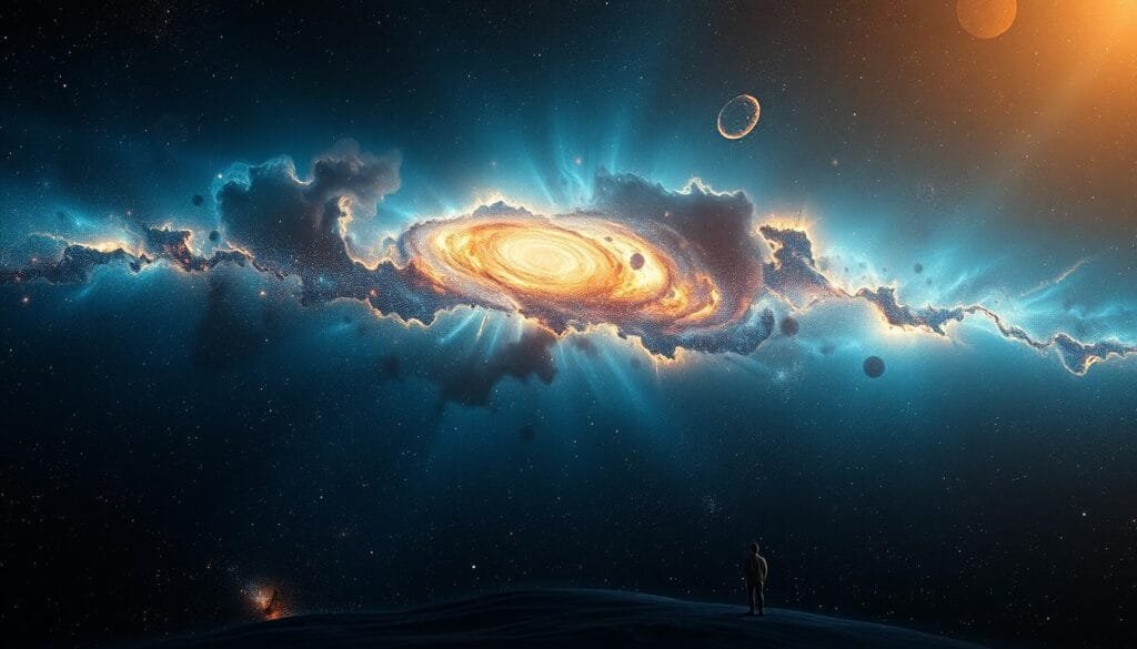 An expansive cosmic landscape, showcasing the observable universe in all its grandeur. A vast, deep-blue expanse dotted with swirling galaxies, nebulae, and star clusters, illuminated by a warm, diffused light from an unseen source. The curvature of space-time is visually represented, with subtle distortions and warping effects throughout the scene, hinting at the true scale and geometry of the cosmos. In the foreground, a lone, solitary observer peers out, dwarfed by the immensity of the 93 billion light-year wide expanse unfolding before them, a tangible representation of the unfathomable size of the observable universe.