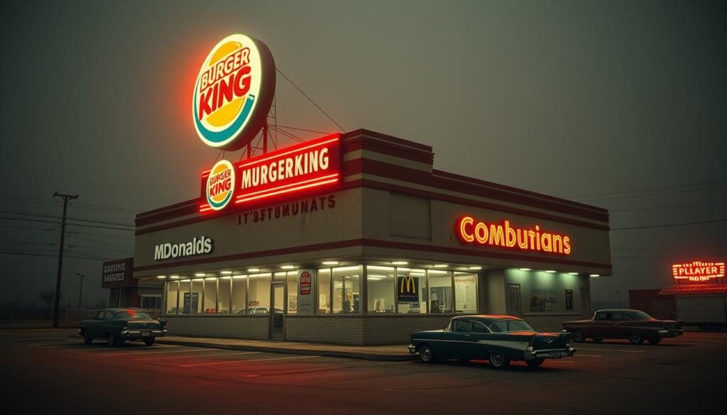 An oversized, retro-style neon sign hovering above a boxy, exaggerated fast-food restaurant building, styled to resemble a cross between a vintage Burger King and a generic McDonald's knock-off. The sign flickers and buzzes, casting an eerie glow over the dilapidated parking lot, dotted with a few vintage American cars. The facade is adorned with dated, peeling branding, conveying a sense of a failed, ill-conceived attempt to capitalize on the success of the industry leader. Harsh, theatrical lighting and a moody, desaturated color palette heighten the sense of a flawed, half-baked imitation.