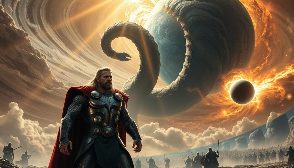 Asgardian resistance: a cosmic landscape of towering celestial bodies, their immense gravitational pull warping the very fabric of space-time. In the foreground, the mighty Thor, clad in gleaming armor, stands resolute against the backdrop of a swirling, nebulous sky. Shafts of golden light pierce the gloom, illuminating the Norse god's determined expression as he exerts his godly strength to lift the colossal Midgard Serpent, its serpentine form curling around the Earth like a living, primordial chain. The middle ground teems with the battle-ready warriors of Asgard, their weapons raised in defiance against the cosmic forces that threaten their realm. In the distance, the silhouettes of neutron stars and black holes dot the horizon, their intense gravitational fields a testament to the unyielding power of the universe. Asgardian resistance: a cosmic landscape of towering celestial bodies, their immense gravitational pull warping the very fabric of space-time. In the foreground, the mighty Thor, clad in gleaming armor, stands resolute against the backdrop of a swirling, nebulous sky. Shafts of golden light pierce the gloom, illuminating the Norse god's determined expression as he exerts his godly strength to lift the colossal Midgard Serpent, its serpentine form curling around the Earth like a living, primordial chain. The middle ground teems with the battle-ready warriors of Asgard, their weapons raised in defiance against the cosmic forces that threaten their realm. In the distance, the silhouettes of neutron stars and black holes dot the horizon, their intense gravitational fields a testament to the unyielding power of the universe.