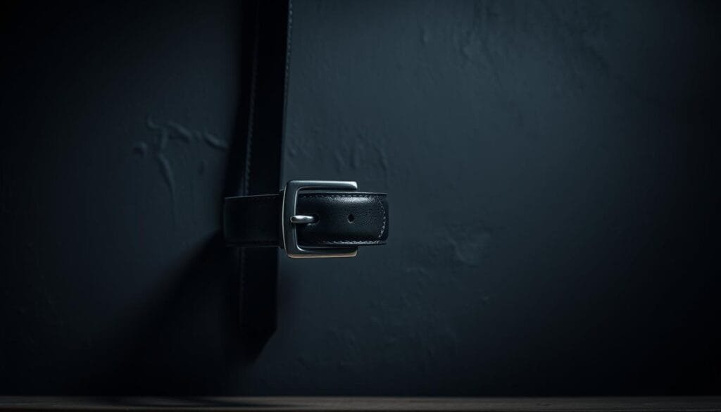 Cinturón: a sleek, black leather belt with a polished metal buckle, hanging against a textured, charcoal-colored background. The belt has a subtle sheen, reflecting the soft lighting from above, creating a moody, atmospheric setting. The focus is on the belt, positioned centrally in the frame, with a shallow depth of field that gently blurs the surroundings, emphasizing the item's importance. The overall mood is one of sophistication and stylish elegance, befitting the "caballero de la noche" theme.