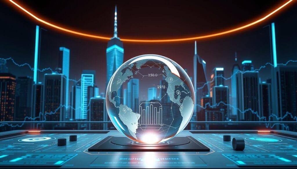 Detailed 3D rendering of a cryptocurrency risk management strategy. In the foreground, a clear glass sphere representing the crypto portfolio, surrounded by a network of transparent risk indicator lines and data visualizations. In the middle ground, a control panel with sliders, toggles, and displays to monitor and adjust risk parameters. The background features a futuristic city skyline with towering skyscrapers, glowing blue data streams, and a dramatic lighting setup that casts long shadows and highlights the overall minimalist, high-tech aesthetic. The overall mood is one of precision, control, and security in the face of the volatile crypto market.