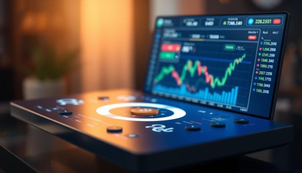 Detailed, high-resolution image of regulated cryptocurrency trading platforms. Elegant, modern user interface with clear, intuitive controls. Crisp, clean visuals with a professional, trustworthy aesthetic. Peaceful, serene atmosphere with a sense of security and reliability. Subtle lighting creates a warm, welcoming ambiance. Slight depth of field focus on the central platform with blurred, hazy background elements. Precise, high-quality rendering of digital currencies, graphs, and financial data visualizations. Conveys a sense of regulated, reputable cryptocurrency trading experience.