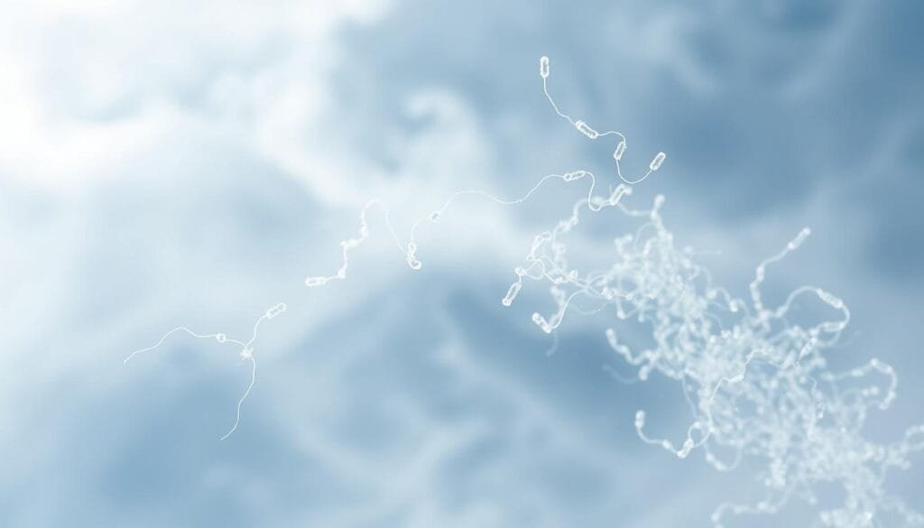 Detailed macro view of microbial activity within wispy cirrus clouds, illuminated by soft natural light filtering through the atmospheric layers. Delicate, thread-like filaments of bacteria and microorganisms drifting amidst the ice crystals, dancing in the currents of high-altitude winds. Subtle gradients of blues, grays, and whites create an ethereal, otherworldly ambiance, highlighting the hardy and resilient nature of these microscopic life forms thriving in the extreme conditions of the upper troposphere. A sense of quiet wonder and scientific curiosity permeates the scene, inviting the viewer to contemplate the hidden, vibrant world of the atmospheric microbiome.