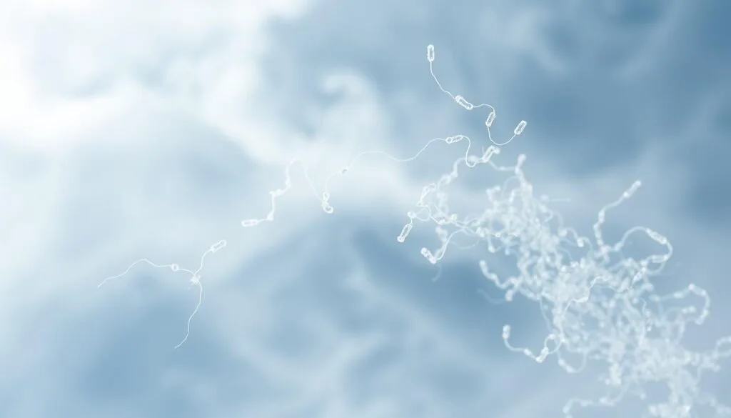 Detailed macro view of microbial activity within wispy cirrus clouds, illuminated by soft natural light filtering through the atmospheric layers. Delicate, thread-like filaments of bacteria and microorganisms drifting amidst the ice crystals, dancing in the currents of high-altitude winds. Subtle gradients of blues, grays, and whites create an ethereal, otherworldly ambiance, highlighting the hardy and resilient nature of these microscopic life forms thriving in the extreme conditions of the upper troposphere. A sense of quiet wonder and scientific curiosity permeates the scene, inviting the viewer to contemplate the hidden, vibrant world of the atmospheric microbiome.