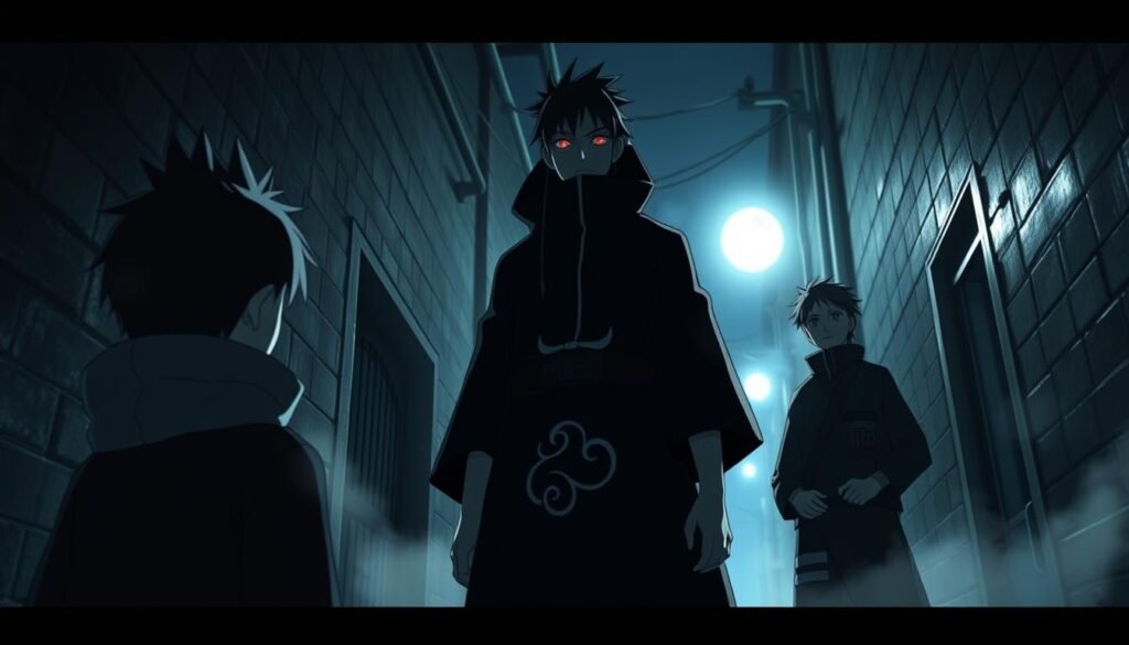 Dramatic night scene of a young Uchiha ninja, Itachi, appearing before the young Uzumaki and Uchiha brothers, Naruto and Sasuke, in a quiet alleyway of Konohagakure. Itachi stands calmly, adorned in his signature Akatsuki cloak, his eyes burning with intensity. Naruto and Sasuke are captured in a moment of surprise and trepidation, their faces illuminated by the soft glow of moonlight. The alleyway is shrouded in shadows, creating an atmosphere of mystery and foreboding. The camera angle is low, giving the viewer a sense of the power and presence of Itachi, as he looms over the young protagonists. Subtle touches of mist or fog add to the sense of atmosphere and tension.