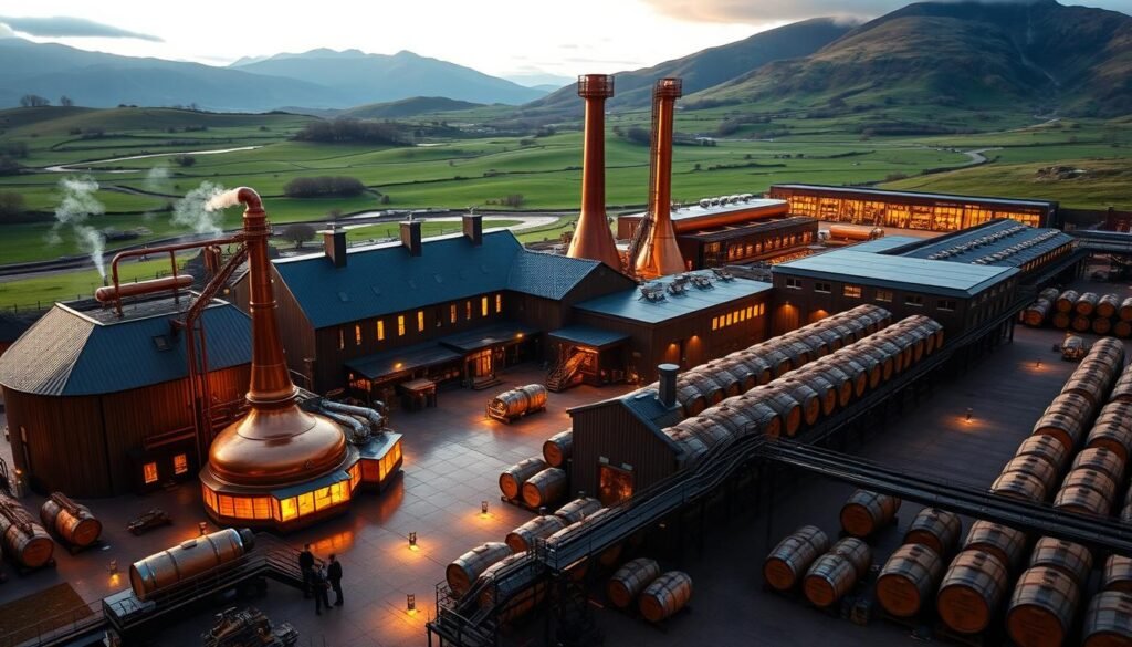 Elegant whisky distillery nestled in rolling Scottish highlands, majestic mountains in the distance. Warm, amber lighting illuminates the copper stills and oak casks, casting a cozy glow. Skilled workers meticulously monitor every step of the production, blending and bottling the renowned Johnnie Walker blend with care and tradition. Expansive warehouses house row upon row of aging casks, their contents slowly transforming into the signature flavors. A sense of reverence and pride pervades the scene, reflecting the heritage and craftsmanship behind each bottle of Johnnie Walker. Elegant whisky distillery nestled in rolling Scottish highlands, majestic mountains in the distance. Warm, amber lighting illuminates the copper stills and oak casks, casting a cozy glow. Skilled workers meticulously monitor every step of the production, blending and bottling the renowned Johnnie Walker blend with care and tradition. Expansive warehouses house row upon row of aging casks, their contents slowly transforming into the signature flavors. A sense of reverence and pride pervades the scene, reflecting the heritage and craftsmanship behind each bottle of Johnnie Walker.