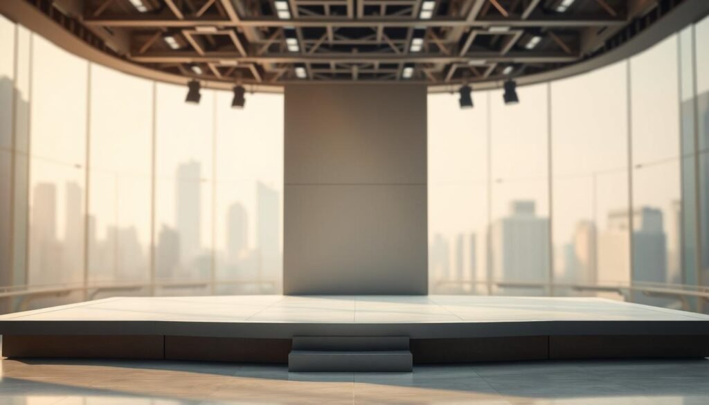 Expansive platform with a dynamic, modern design. A central stage-like structure dominates the frame, with clean lines and a sleek, minimalist aesthetic. The platform is elevated, suggesting a sense of grandeur and importance. The background features a blurred, out-of-focus cityscape, hinting at a bustling urban environment. Soft, warm lighting bathes the scene, creating a welcoming and inviting atmosphere. The overall composition conveys a sense of growth, progress, and the prominence of the platform as a central hub or stage for a dynamic, evolving industry.