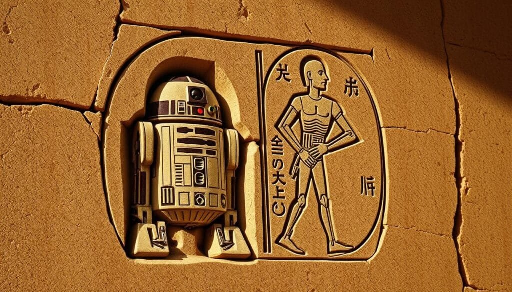 Hieroglyphic depiction of the iconic Star Wars droids R2-D2 and C-3PO, rendered in an ancient Egyptian stone carving style. The characters are etched into a weathered sandstone slab, their forms emerging from the textured surface as if unearthed from an archaeological dig. Intricate patterns and symbols surround the droids, echoing the mystical aesthetic of the Indiana Jones universe. Dramatic side lighting casts dramatic shadows, creating a sense of depth and antiquity. The overall composition has a sense of discovery and hidden meaning, befitting the "easter egg" nature of this Star Wars cameo within the classic adventure film.