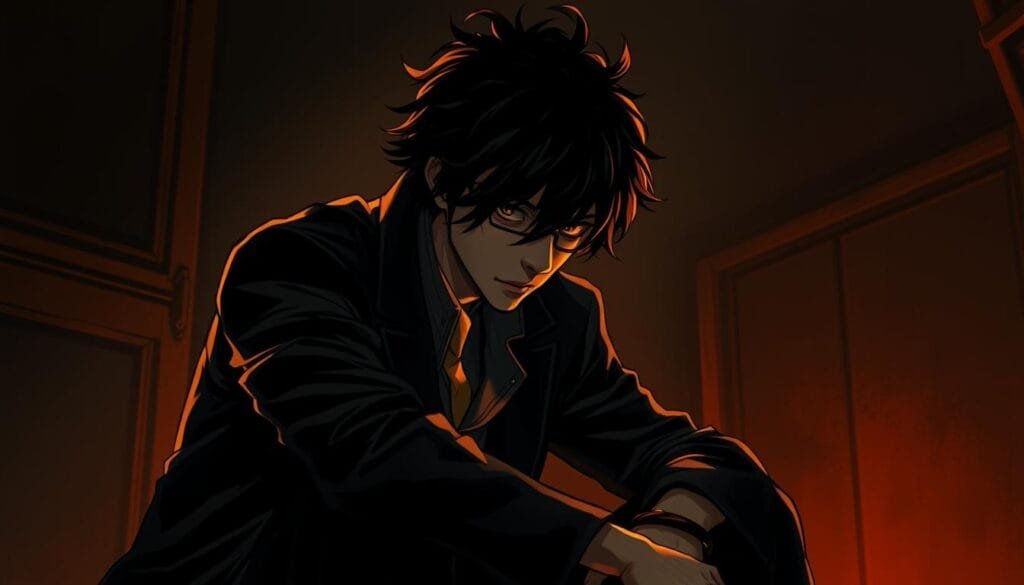 Manga investigador, a captivating figure in a dimly lit room, sits hunched over, deep in contemplation. His messy black hair and intense gaze evoke a sense of enigmatic intellect. Bathed in a warm, amber light, the investigator's eccentric mannerisms and unconventional posture hint at a unique mind at work. The background is shrouded in shadows, creating an atmosphere of mystery and intrigue. A moody, atmospheric scene that captures the essence of a manga-inspired detective, reflecting the creative vision and eccentricities of their author. Manga investigador, a captivating figure in a dimly lit room, sits hunched over, deep in contemplation. His messy black hair and intense gaze evoke a sense of enigmatic intellect. Bathed in a warm, amber light, the investigator's eccentric mannerisms and unconventional posture hint at a unique mind at work. The background is shrouded in shadows, creating an atmosphere of mystery and intrigue. A moody, atmospheric scene that captures the essence of a manga-inspired detective, reflecting the creative vision and eccentricities of their author.