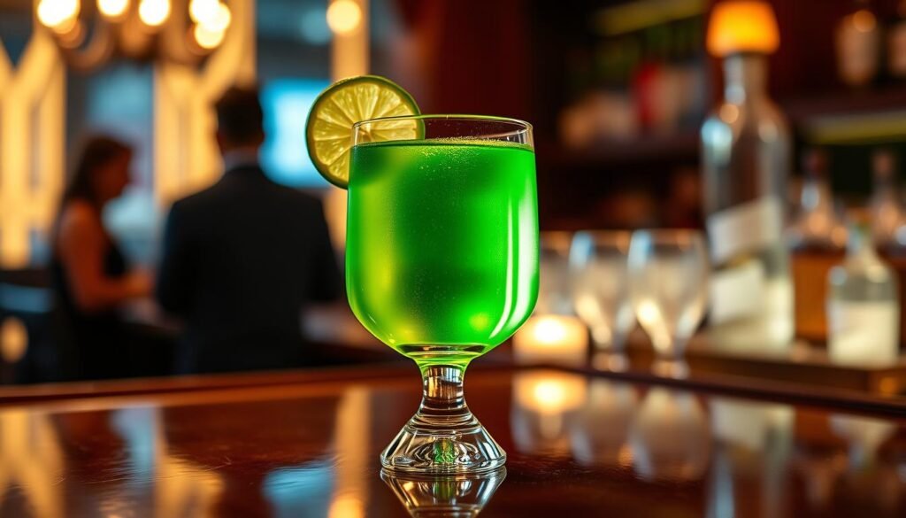 Pisco chileno: a striking glass of the national spirit of Chile, presented with elegant simplicity. A crystal-clear pour fills the center, reflecting the warm lighting of a sophisticated bar setting. Subtly accented with a single lime wedge, the drink's vibrant green hue provides a captivating contrast. Surrounding the focal point, a hazy, softly-lit background hints at the bar's inviting ambiance - polished wood, gleaming metal, and the faint silhouettes of patrons. The overall composition conveys a sense of refined indulgence, perfectly suited to highlight this quintessential Chilean cocktail. Pisco chileno: a striking glass of the national spirit of Chile, presented with elegant simplicity. A crystal-clear pour fills the center, reflecting the warm lighting of a sophisticated bar setting. Subtly accented with a single lime wedge, the drink's vibrant green hue provides a captivating contrast. Surrounding the focal point, a hazy, softly-lit background hints at the bar's inviting ambiance - polished wood, gleaming metal, and the faint silhouettes of patrons. The overall composition conveys a sense of refined indulgence, perfectly suited to highlight this quintessential Chilean cocktail.