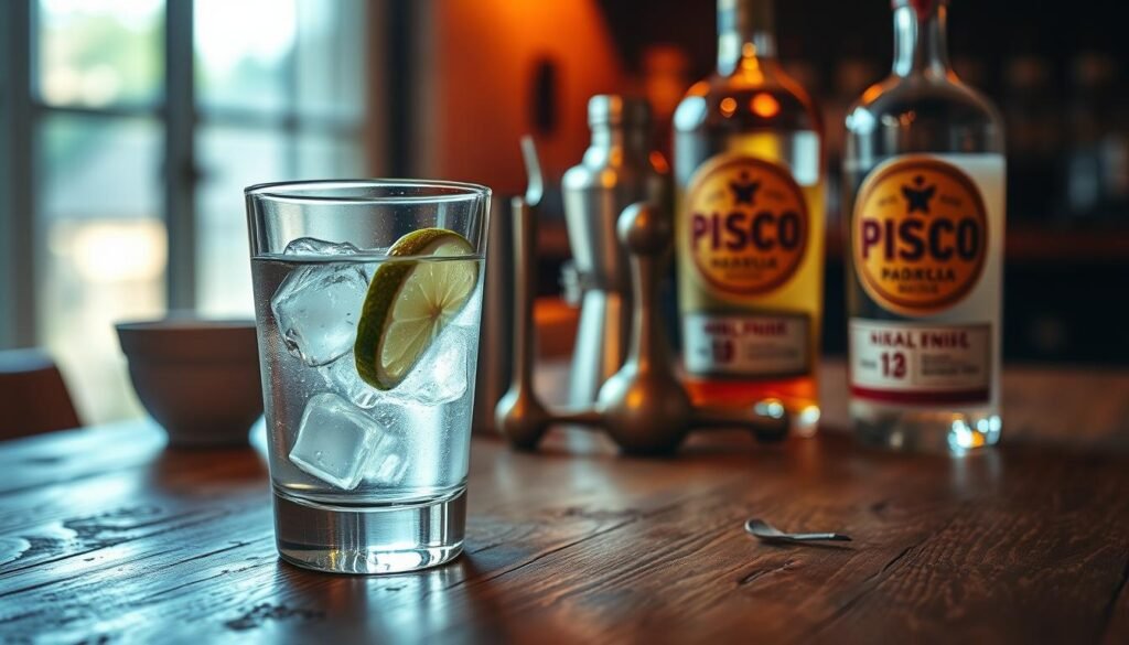 Prepare a perfect piscola on a rustic wooden table, illuminated by warm, natural light. In the foreground, place a glass tumbler filled with clear liquor, a wedge of fresh lime, and ice cubes that cast subtle reflections. In the middle ground, arrange a traditional Chilean pisco bottle with its distinctive label, alongside a metal shaker and bar tools. In the background, hint at the ambiance of a cozy, inviting bar or kitchen, with subtle textures and muted colors that evoke the essence of Chilean culture. Capture the quintessential elements that define the iconic piscola cocktail, evoking a sense of craftsmanship, authenticity, and national pride. Prepare a perfect piscola on a rustic wooden table, illuminated by warm, natural light. In the foreground, place a glass tumbler filled with clear liquor, a wedge of fresh lime, and ice cubes that cast subtle reflections. In the middle ground, arrange a traditional Chilean pisco bottle with its distinctive label, alongside a metal shaker and bar tools. In the background, hint at the ambiance of a cozy, inviting bar or kitchen, with subtle textures and muted colors that evoke the essence of Chilean culture. Capture the quintessential elements that define the iconic piscola cocktail, evoking a sense of craftsmanship, authenticity, and national pride.