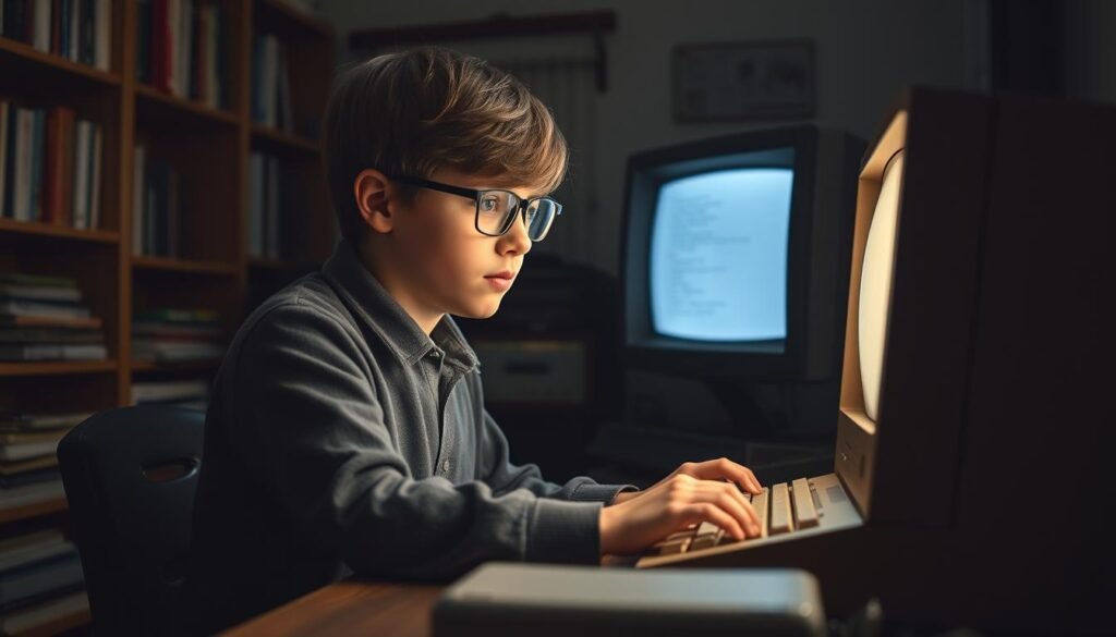 Prompt A young Bill Gates, no more than 10 years old, sits intently in front of a vintage computer terminal, his eyes alight with fascination. The soft glow of the screen illuminates his features as he types away, his fingers dancing across the keyboard. The room is dimly lit, creating an atmosphere of focused concentration, with shelves of books and electronic components lining the walls, hinting at his burgeoning interest in technology. The scene is captured in a warm, nostalgic tone, reflecting the early days of the personal computing revolution and the beginnings of one of the most influential figures in the industry.