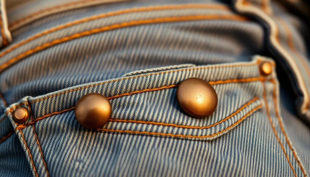Remaches cobre bolsillos: A close-up view of the iconic copper rivets on the pockets of vintage Levi's jeans, showcasing the brand's innovative design and commitment to durability. The scene is bathed in warm, natural lighting, highlighting the textured denim and the subtle sheen of the metallic fasteners. The image evokes a sense of timeless craftsmanship and the rugged heritage of the American West, capturing the essence of the 501 jeans and their role in the gold rush era.