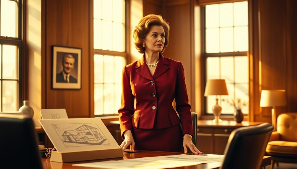 Ruth Handler, the visionary behind the Barbie doll, stands tall and confident in a mid-20th century office setting. Warm lighting filters through large windows, casting a golden glow on her face as she gazes pensively, one hand resting on a desk adorned with a nameplate and architectural sketches. The background is a tasteful blend of wood paneling and sleek mid-century modern furnishings, reflecting the era's design sensibilities. An air of determination and innovation permeates the scene, capturing the spirit of the woman who revolutionized the toy industry and inspired generations of girls to dream big. Ruth Handler, the visionary behind the Barbie doll, stands tall and confident in a mid-20th century office setting. Warm lighting filters through large windows, casting a golden glow on her face as she gazes pensively, one hand resting on a desk adorned with a nameplate and architectural sketches. The background is a tasteful blend of wood paneling and sleek mid-century modern furnishings, reflecting the era's design sensibilities. An air of determination and innovation permeates the scene, capturing the spirit of the woman who revolutionized the toy industry and inspired generations of girls to dream big.