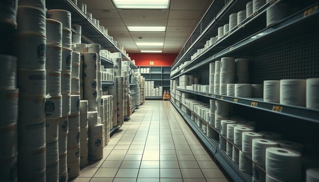 Stacks of toilet paper rolls in a supermarket aisle, with empty shelves and a sense of scarcity. The lighting is harsh, casting long shadows on the tiles. The angle is slightly elevated, capturing the chaos and panic of a shortage. The mood is one of unease and uncertainty, with a hint of frustration. The scene evokes the sense of a high-demand, low-supply situation, as if the shoppers have just cleared the shelves. The focus is on the toilet paper, with the surrounding environment providing context and atmosphere.