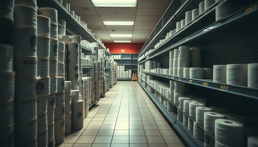 Stacks of toilet paper rolls in a supermarket aisle, with empty shelves and a sense of scarcity. The lighting is harsh, casting long shadows on the tiles. The angle is slightly elevated, capturing the chaos and panic of a shortage. The mood is one of unease and uncertainty, with a hint of frustration. The scene evokes the sense of a high-demand, low-supply situation, as if the shoppers have just cleared the shelves. The focus is on the toilet paper, with the surrounding environment providing context and atmosphere. Stacks of toilet paper rolls in a supermarket aisle, with empty shelves and a sense of scarcity. The lighting is harsh, casting long shadows on the tiles. The angle is slightly elevated, capturing the chaos and panic of a shortage. The mood is one of unease and uncertainty, with a hint of frustration. The scene evokes the sense of a high-demand, low-supply situation, as if the shoppers have just cleared the shelves. The focus is on the toilet paper, with the surrounding environment providing context and atmosphere.
