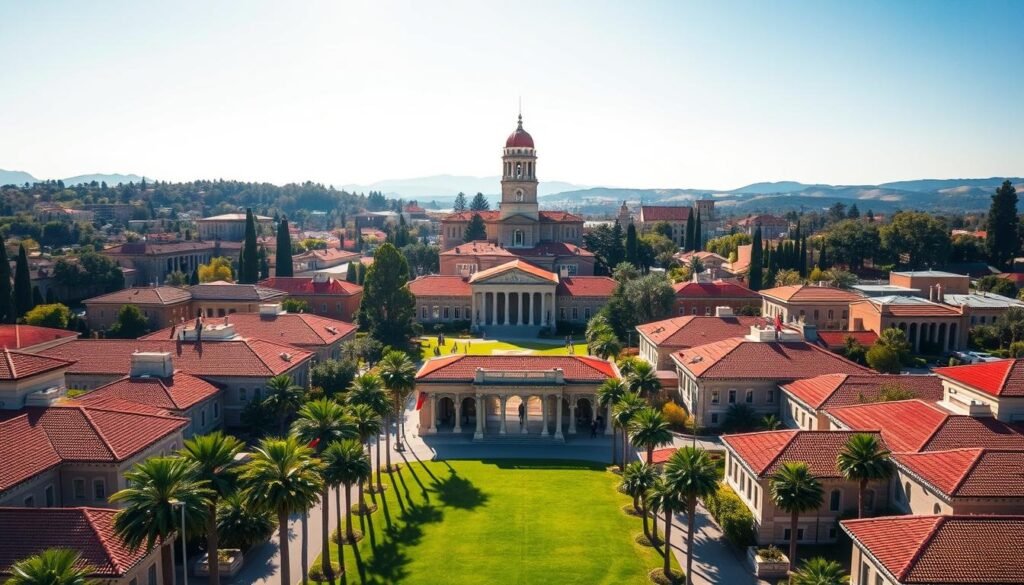 a high-resolution aerial view of the Stanford University campus, capturing the iconic main entrance and palm-lined roads leading to the classical-style buildings and red-tiled roofs that define the university's architectural style. The frame includes the lush green lawns, towering eucalyptus trees, and the famous Hoover Tower in the background, all bathed in warm, golden California sunlight. The scene conveys a sense of prestige, academic tradition, and the pioneering spirit that has made Stanford a leading institution of higher learning and the birthplace of groundbreaking innovations like Google.