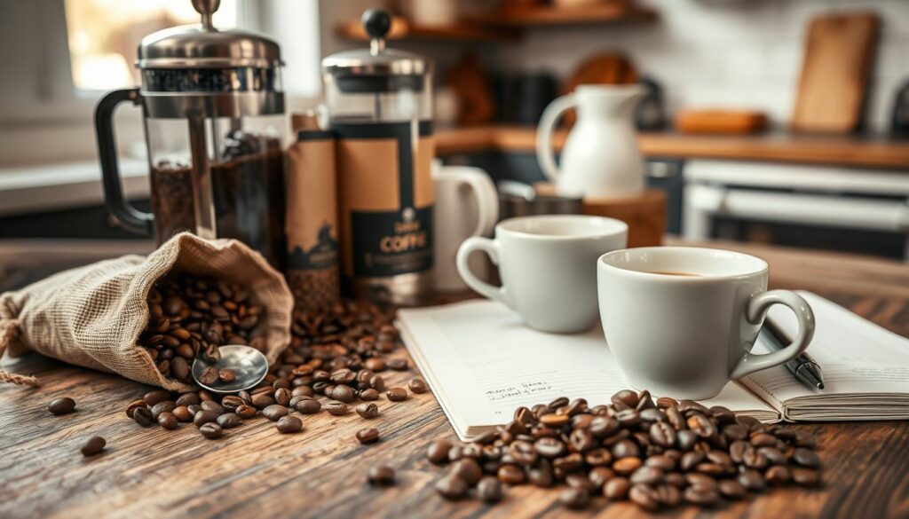A beautifully arranged coffee kit on a rustic wooden table, featuring a variety of artisanal coffee beans, a stylish French press, and elegant ceramic mugs. In the foreground, showcase a detailed close-up of freshly ground coffee beans spilling from a burlap sack, with a teaspoon poised beside it. The middle layer includes an inviting, warm cup of coffee resting next to an open notebook and a pen, suggesting a cozy, contemplative atmosphere. In the background, softly blurred kitchen elements add a homey touch, with gentle, natural light filtering through a nearby window, creating a warm glow. The overall mood is inviting and sophisticated, perfect for celebrating the joy of coffee.