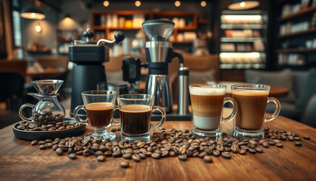 A beautifully arranged coffee tasting scene centered on a selection of specialty coffees. In the foreground, a rustic wooden table features an assortment of coffee beans in various shapes and colors alongside elegant glassware filled with brewed coffee, showcasing rich, steaming aromas. The middle layer includes a stylish coffee grinder and brewing equipment, highlighting the craft of coffee preparation. In the background, a softly lit café ambiance, with warm tones, cozy seating, and shelves displaying coffee varieties. The lighting is warm and inviting, creating a serene atmosphere ideal for coffee connoisseurs. The camera angle is slightly elevated, capturing both the intricate details of coffee preparation and the welcoming café environment, evoking the love for quality coffee experiences.