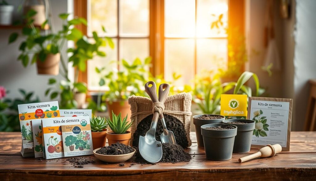 A beautifully arranged collection of "kits de siembra" displayed on a rustic wooden table. In the foreground, colorful seed packets labeled with vibrant illustrations of various plants, alongside small biodegradable pots and natural soil. The middle ground features a hand-tied bundle of gardening tools, such as a small shovel and trowel, all made from sustainable materials. In the background, a softly lit window reveals a cozy indoor garden filled with thriving green plants, hinting at the potential of nurturing nature. The warm sunlight streaming through provides a cheerful, inviting atmosphere, emphasizing the theme of sustainability and environmental care. The overall scene conveys a sense of warmth, joy, and the spirit of giving, perfect for the holiday season.