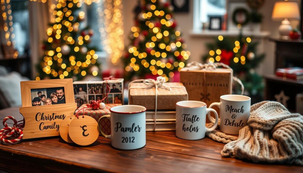 A beautifully arranged collection of personalized gifts for a Secret Santa exchange, set on a rustic wooden table. In the foreground, hand-crafted items like engraved wooden ornaments, custom photo frame with family pictures, and unique, thoughtful books wrapped in colorful paper. In the middle ground, there are intricately designed mugs featuring names and special dates, alongside cozy, knitted scarves. The background is softly blurred, showcasing a warm, festive living room decorated with twinkling fairy lights and a Christmas tree. The lighting is soft and warm, creating a cozy atmosphere full of holiday spirit, evoking feelings of joy and connection. The image should be captured with a slight depth of field to emphasize the personalized details of the gifts.